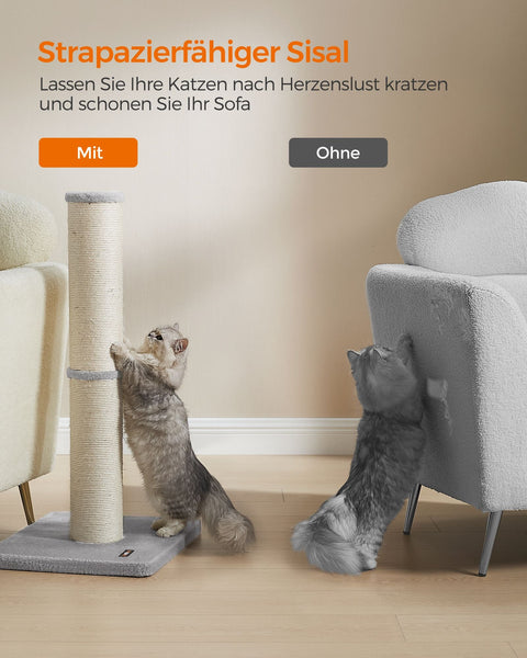 Rootz Dove Gray Scratching Post - Cat Tree - Sisal Rope - MDF - Plush - 50cm x 40cm x 85cm - Lightweight 5kg