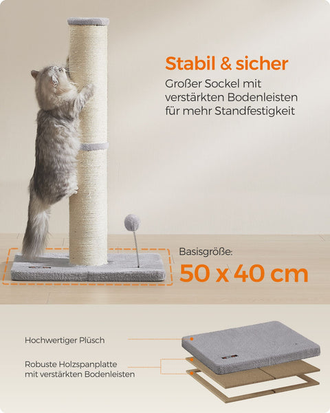 Rootz Dove Gray Scratching Post - Cat Tree - Sisal Rope - MDF - Plush - 50cm x 40cm x 85cm - Lightweight 5kg