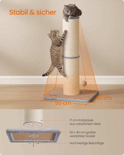 Rootz Cat Scratching Post - Sisal Scratch Tower - Sturdy Cat Entertainment - Grey - 50cm x 40cm x 85cm