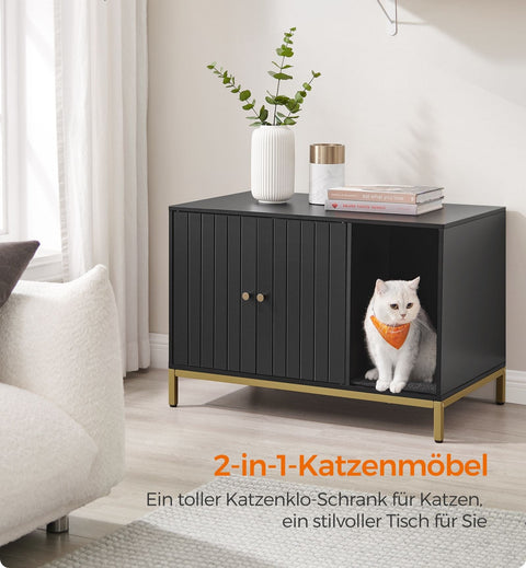 Rootz Cat Litter Box Cabinet - Scratching Post - Gold Legs - Chipboard & Steel - Large 80 x 50 x 55 cm - 16.3 kg - Black-Gold - 60 kg Capacity