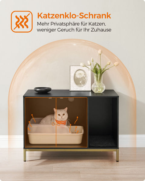 Rootz Cat Litter Box Cabinet - Scratching Post - Gold Legs - Chipboard & Steel - Large 80 x 50 x 55 cm - 16.3 kg - Black-Gold - 60 kg Capacity