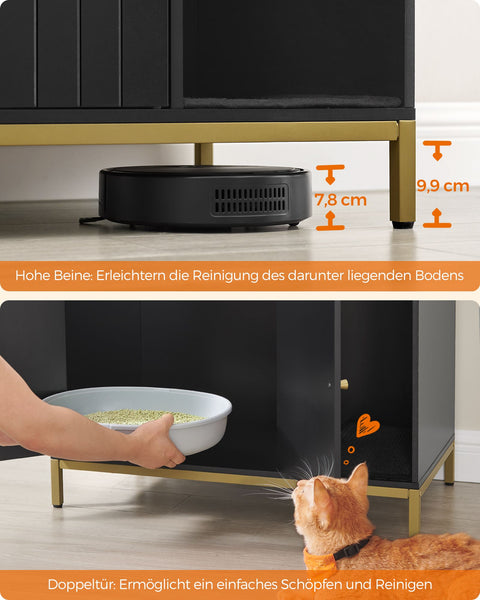 Rootz Cat Litter Box Cabinet - Scratching Post - Gold Legs - Chipboard & Steel - Large 80 x 50 x 55 cm - 16.3 kg - Black-Gold - 60 kg Capacity