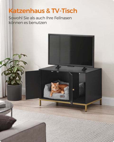 Rootz Cat Litter Box Cabinet - Scratching Post - Gold Legs - Chipboard & Steel - Large 80 x 50 x 55 cm - 16.3 kg - Black-Gold - 60 kg Capacity