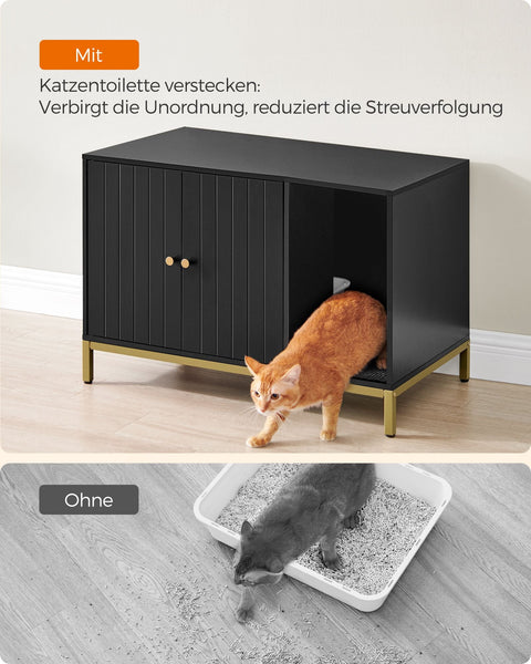 Rootz Cat Litter Box Cabinet - Scratching Post - Gold Legs - Chipboard & Steel - Large 80 x 50 x 55 cm - 16.3 kg - Black-Gold - 60 kg Capacity