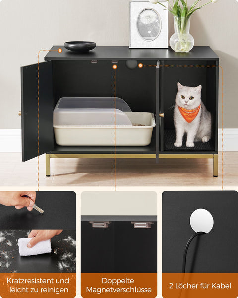 Rootz Cat Litter Box Cabinet - Scratching Post - Gold Legs - Chipboard & Steel - Large 80 x 50 x 55 cm - 16.3 kg - Black-Gold - 60 kg Capacity