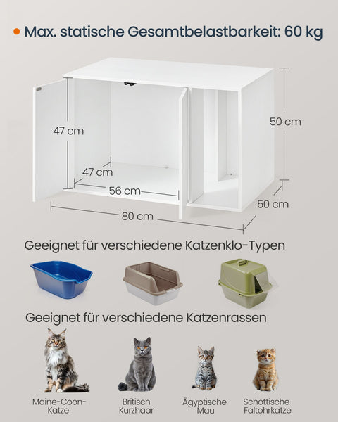 Rootz Cat Litter Box Cabinet - Cat Enclosure - Pet Furniture - Push-to-Open Doors - Snow White - 80cm x 50cm x 50cm