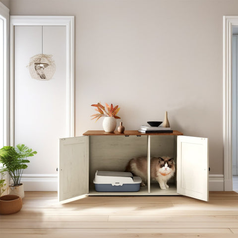 Rootz Katzenhaus Litter Box Cabinet - Side Table - Removable Partition - Multi-Functional - 80 x 53 x 50 cm