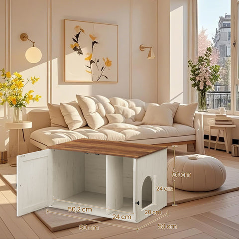 Rootz Katzenhaus Litter Box Cabinet - Side Table - Removable Partition - Multi-Functional - 80 x 53 x 50 cm