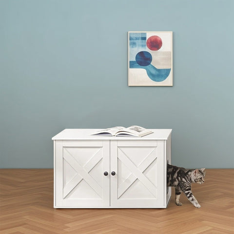 Rootz Katzenhaus Litter Box Cabinet - Side Table - Removable Partition - Stylish Storage - 80 x 53 x 50 cm