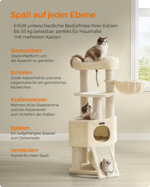 Rootz Cat Tree Tower - Cat Climber - Scratching Post - Chipboard Structure - Plush Finish - Sisal Rope - 50cm x 50cm x 141cm