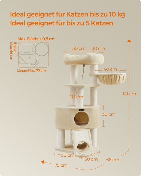 Rootz Cat Tree Tower - Cat Climber - Scratching Post - Chipboard Structure - Plush Finish - Sisal Rope - 50cm x 50cm x 141cm