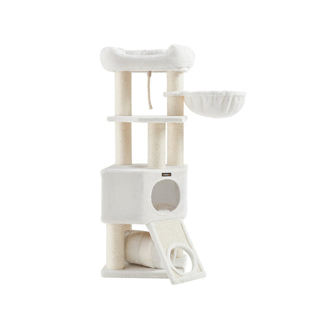 Rootz Cat Tree Tower - Scratching Post - Cat Condo - Chipboard - Plush - Sisal - 50cm x 50cm x 141cm - Cream White - 22.3kg