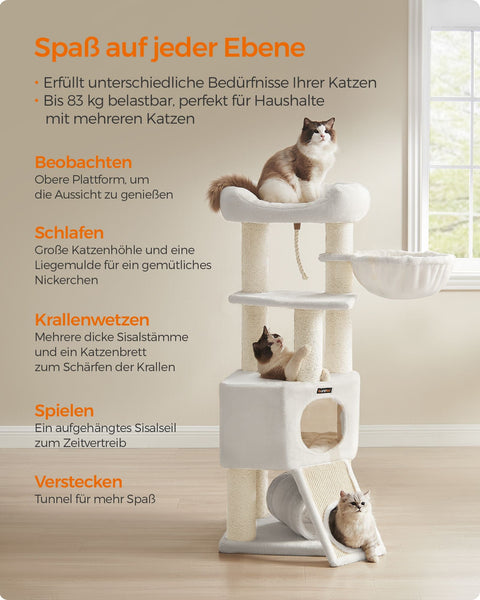 Rootz Cat Tree Tower - Scratching Post - Cat Condo - Chipboard - Plush - Sisal - 50cm x 50cm x 141cm - Cream White - 22.3kg
