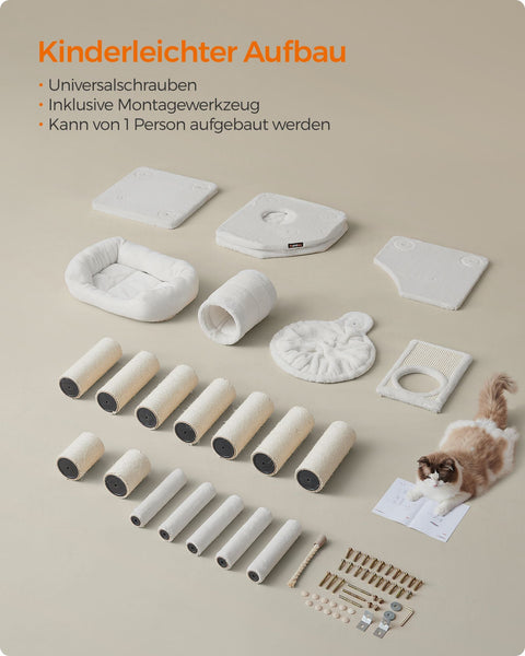 Rootz Cat Tree Tower - Scratching Post - Cat Condo - Chipboard - Plush - Sisal - 50cm x 50cm x 141cm - Cream White - 22.3kg