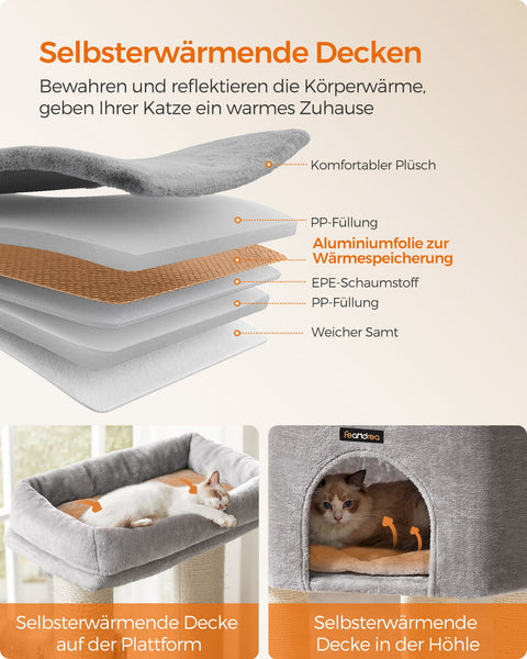 Rootz Cat Scratching Post - Cat Tree - Cat Climbing Frame - Chipboard Construction - Plush Covering - Sisal Rope - 50cm x 50cm x 160cm - Dove Gray-Cream White - 22.6kg - Max. 105kg Load Capacity - Ideal for Up to 5 Cats