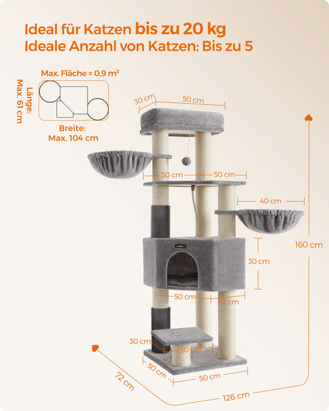 Rootz Cat Scratching Post - Cat Tree - Cat Climbing Frame - Chipboard Construction - Plush Covering - Sisal Rope - 50cm x 50cm x 160cm - Dove Gray-Cream White - 22.6kg - Max. 105kg Load Capacity - Ideal for Up to 5 Cats