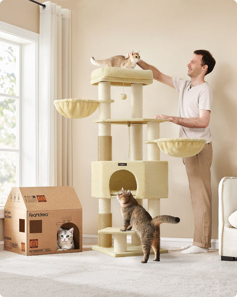 Rootz Cat Tree Tower - Scratching Post - Cat Scratcher - Chipboard Plush - Ideal for Multiple Cats - 50cm x 50cm x 160cm