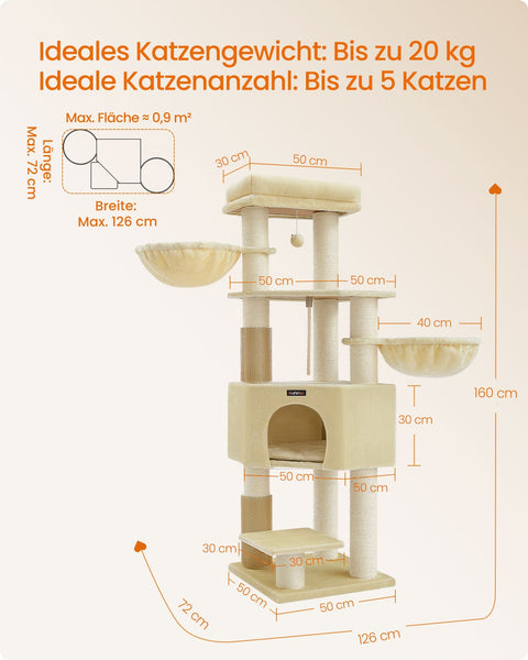 Rootz Cat Tree Tower - Scratching Post - Cat Scratcher - Chipboard Plush - Ideal for Multiple Cats - 50cm x 50cm x 160cm