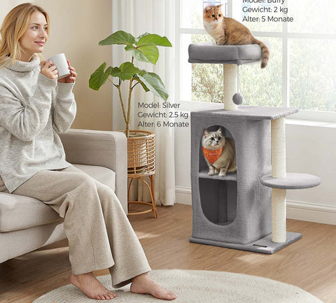 Rootz Grey Cat Scratching Post - Kitty Climbing Tree - Pet Activity Center - Plush & Sisal - 45cm x 35cm x 101cm