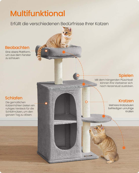 Rootz Grey Cat Scratching Post - Kitty Climbing Tree - Pet Activity Center - Plush & Sisal - 45cm x 35cm x 101cm