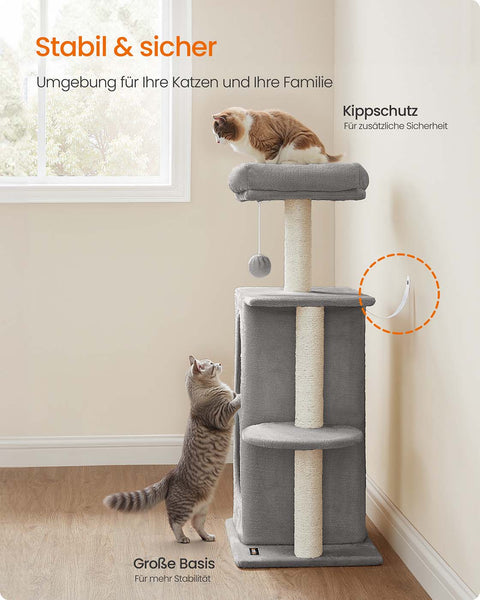 Rootz Grey Cat Scratching Post - Kitty Climbing Tree - Pet Activity Center - Plush & Sisal - 45cm x 35cm x 101cm