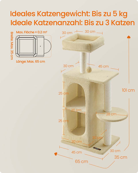 Rootz Cat Scratching Post - Cat Tower - Feline Play Tree - Supports Claw Activity - 45 x 35 x 101 cm