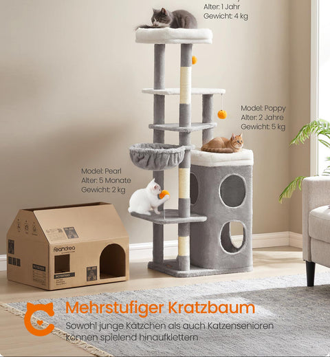 Rootz Cat Tree Scratching Post - Kitty Tower - Cat Condo - Plush Sisal - 53cm x 46cm x 152cm - Pigeon Gray