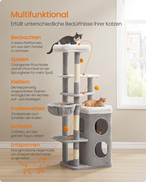 Rootz Cat Tree Scratching Post - Kitty Tower - Cat Condo - Plush Sisal - 53cm x 46cm x 152cm - Pigeon Gray