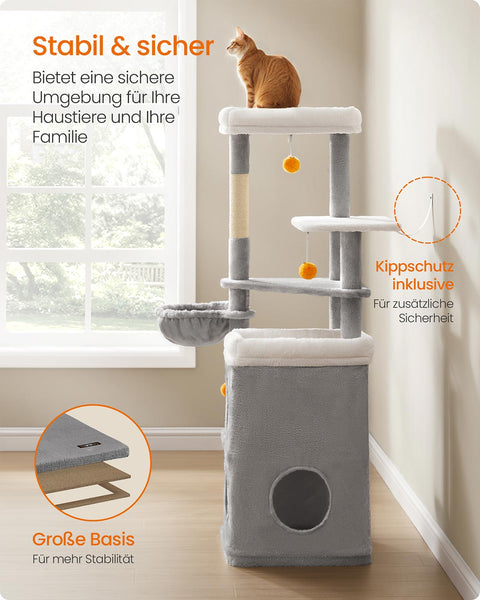 Rootz Cat Tree Scratching Post - Kitty Tower - Cat Condo - Plush Sisal - 53cm x 46cm x 152cm - Pigeon Gray