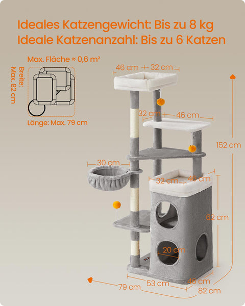 Rootz Cat Tree Scratching Post - Kitty Tower - Cat Condo - Plush Sisal - 53cm x 46cm x 152cm - Pigeon Gray