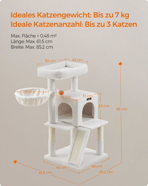 Rootz Cat Scratching Post - Kitty Condo - Cat Tree - Chipboard & Plush - 48cm x 48cm x 96cm - 11.6kg - 50kg Capacity