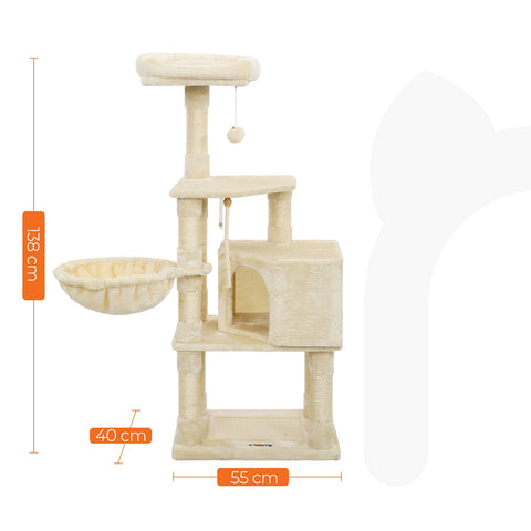 Rootz 138 cm Cat Scratching Post - Scratcher Tree - Feline Tower - Beige - 55cm x 40cm x 138cm