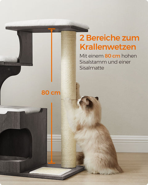 Rootz Scratching Post - Cat Tree - Cat Scratcher - Washable Cat Bed - Chipboard - 500 g/m2 Plush - Sisal - 66cm x 40cm x 86cm
