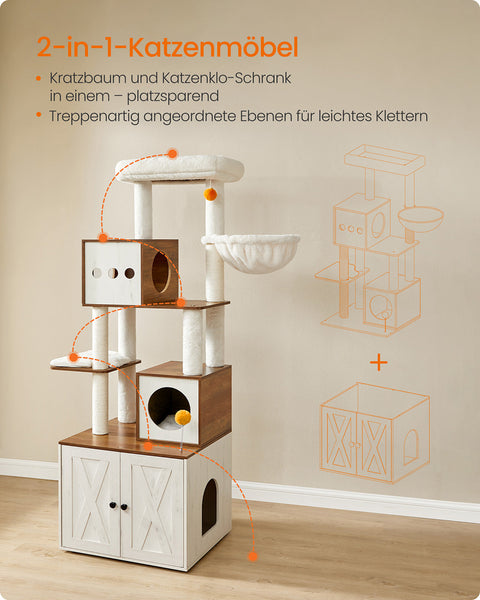 Rootz 2-in-1 Scratch Tree - Cat Tower - Climbing Structure - Durable Sisal - Large 60 x 52 x 180 cm - Honey Brown Vintage White