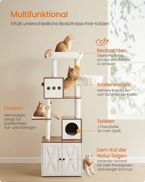 Rootz 2-in-1 Scratch Tree - Cat Tower - Climbing Structure - Durable Sisal - Large 60 x 52 x 180 cm - Honey Brown Vintage White