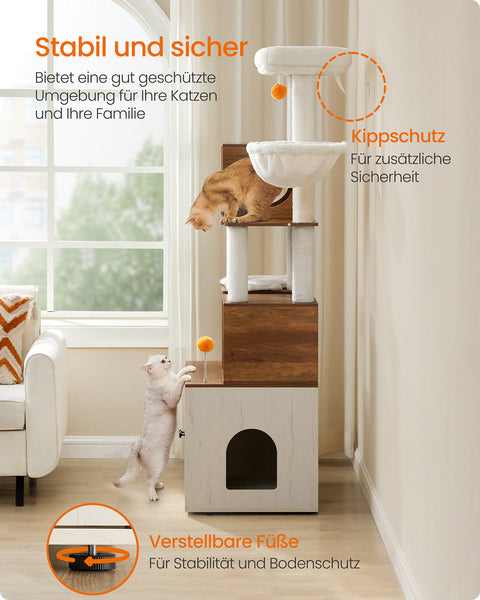 Rootz 2-in-1 Scratch Tree - Cat Tower - Climbing Structure - Durable Sisal - Large 60 x 52 x 180 cm - Honey Brown Vintage White