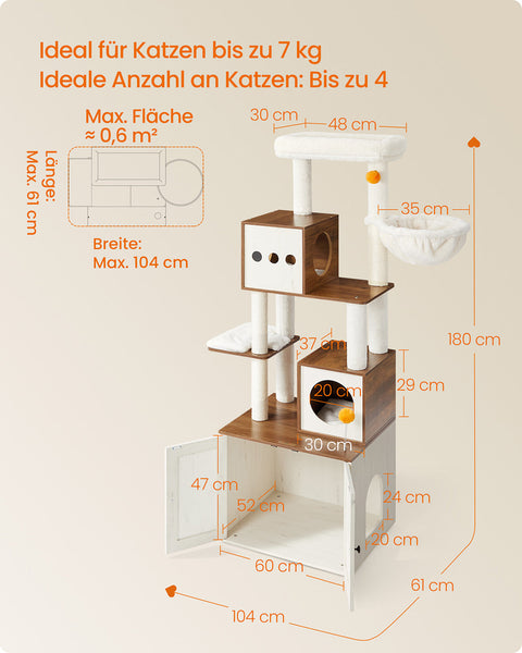Rootz 2-in-1 Scratch Tree - Cat Tower - Climbing Structure - Durable Sisal - Large 60 x 52 x 180 cm - Honey Brown Vintage White
