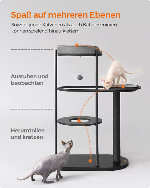 Rootz Classic Black Scratching Post - Cat Tree - Climbing Tower - Steel Frame - Chipboard Platforms - Sisal Rope - 80cm x 43cm x 111cm - 15.4kg - 60kg Max Load Capacity