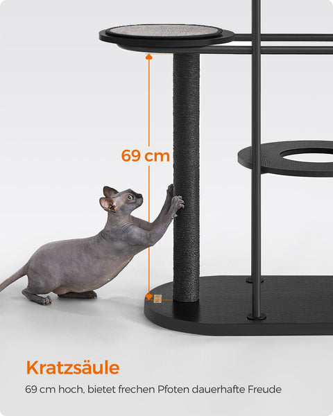 Rootz Classic Black Scratching Post - Cat Tree - Climbing Tower - Steel Frame - Chipboard Platforms - Sisal Rope - 80cm x 43cm x 111cm - 15.4kg - 60kg Max Load Capacity