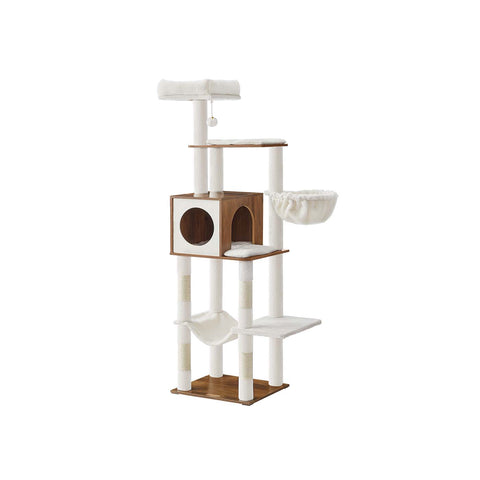 Rootz Cat Scratching Post - Feline Climbing Tree - Cat Activity Center - White and Brown, Sturdy Sisal & Wooden Chipboard - 45cm x 40cm x 165cm