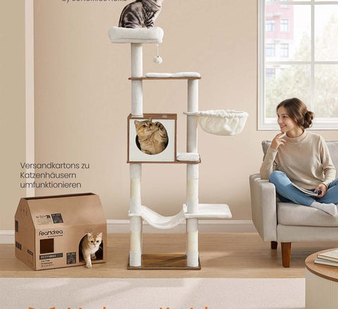 Rootz Cat Scratching Post - Feline Climbing Tree - Cat Activity Center - White and Brown, Sturdy Sisal & Wooden Chipboard - 45cm x 40cm x 165cm