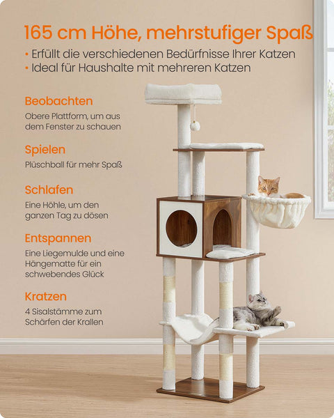 Rootz Cat Scratching Post - Feline Climbing Tree - Cat Activity Center - White and Brown, Sturdy Sisal & Wooden Chipboard - 45cm x 40cm x 165cm