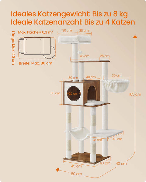 Rootz Cat Scratching Post - Feline Climbing Tree - Cat Activity Center - White and Brown, Sturdy Sisal & Wooden Chipboard - 45cm x 40cm x 165cm