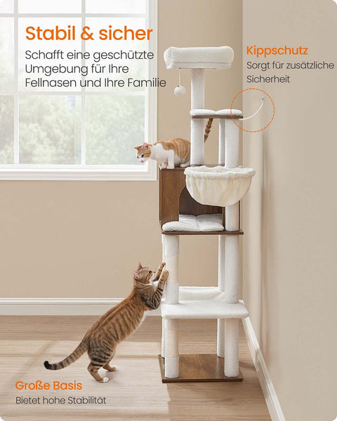 Rootz Cat Scratching Post - Feline Climbing Tree - Cat Activity Center - White and Brown, Sturdy Sisal & Wooden Chipboard - 45cm x 40cm x 165cm