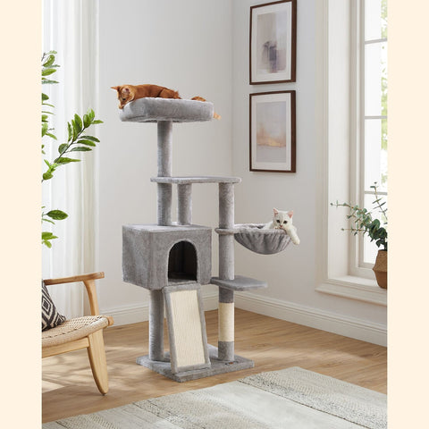 Rootz Cat Tree Tower with Sisal-Covered Scratching Posts - Multi-Level Cat Playhouse - Plush Cover - Ramp - Easy to Assemble - 46cm x 41cm x 135cm