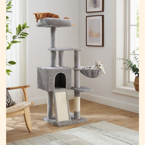 Rootz Cat Tree Tower with Sisal-Covered Scratching Posts - Multi-Level Cat Playhouse - Plush Cover - Ramp - Easy to Assemble - 46cm x 41cm x 135cm
