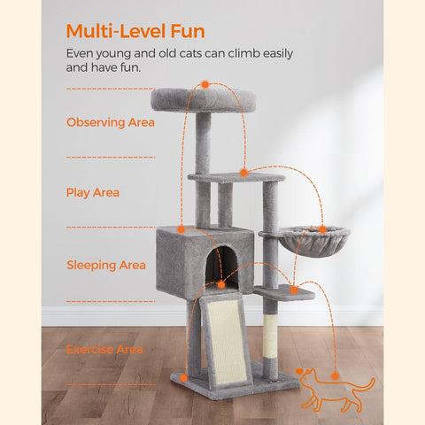 Rootz Cat Tree Tower with Sisal-Covered Scratching Posts - Multi-Level Cat Playhouse - Plush Cover - Ramp - Easy to Assemble - 46cm x 41cm x 135cm