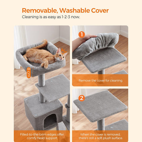 Rootz Cat Tree Tower with Sisal-Covered Scratching Posts - Multi-Level Cat Playhouse - Plush Cover - Ramp - Easy to Assemble - 46cm x 41cm x 135cm