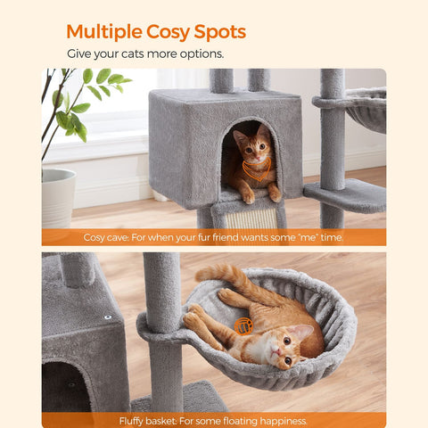 Rootz Cat Tree Tower with Sisal-Covered Scratching Posts - Multi-Level Cat Playhouse - Plush Cover - Ramp - Easy to Assemble - 46cm x 41cm x 135cm