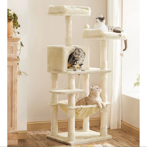 Rootz Cat Scratching Post - Cat Tree - Cat Furniture - Stable Base Plate - Sisal Poles - Plush Cover - Cozy Cat House - Viewing Platforms - Hammock - Medium Size - Staircase Design - Beige - MDF, Plush, Sisal - 55cm x 45cm x 143cm